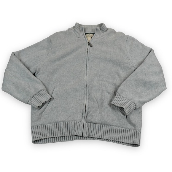 LL Bean Mens Cardigan Sweater Medium Light Grey Black Watch Plaid Lining Heavy - Picture 1 of 11